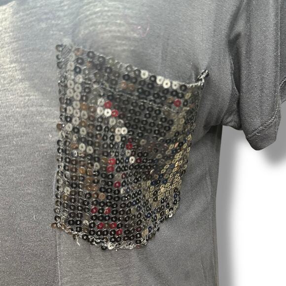 Y2K Express T Shirts 2 Sheer Embellished Pockets Black White Studded Sequins M - Picture 8 of 16